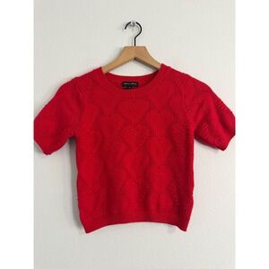 Aqua Blues - Red Open Knit Heart Print Short Sleeve Cropped Sweater Womens's SM